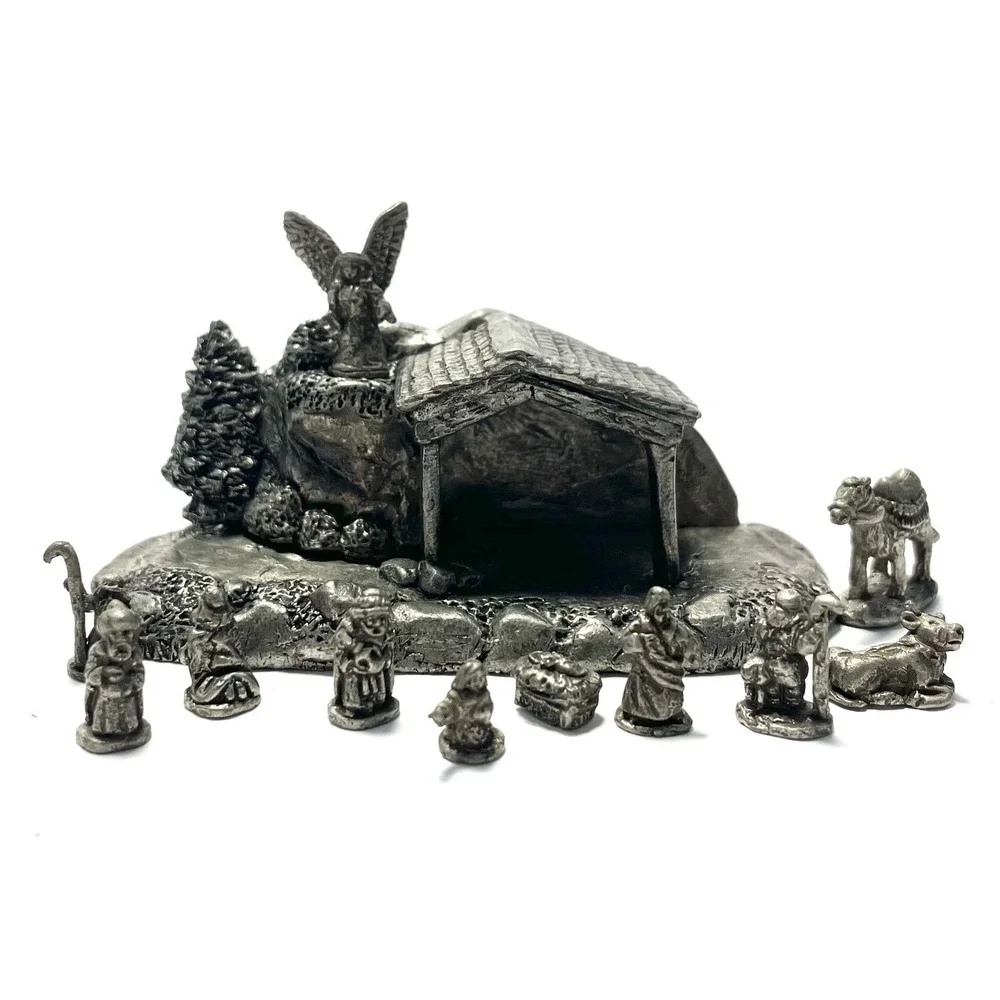 Pewter Nativity Scene Mini 12 Piece Set + Crèche‎ Holiday Tiny Decor Figurines